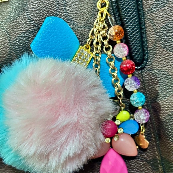 Colorful Pom Pom bag backpack Charm upcycled jewelry,one of the kind unique gift - Picture 3 of 8